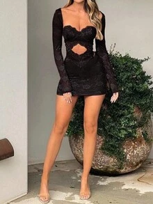 欧美风优雅性感蕾丝镂空长袖修身连衣裙，适合女士、派对、鸡尾酒会、情人节、婚礼等场合，黑色春季款 - 黑色 - 查看 4
