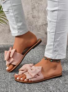 زوج واحد من صنادل سبور بكعب منخفض سوداء مزينة بفيونكة، مفتوحة من الأمام، قاع مانع للانزلاق، بتصميم أنيق ومريح على الطراز الروماني، مناسبة للأماكن المغلقة، المناسبات العادية والحفلات - وردي - مشاهدة 4