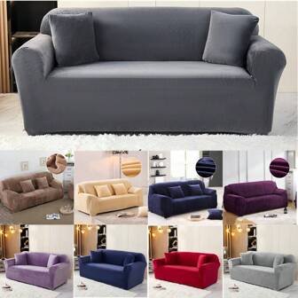 Sofa Cover For Living Room Autumn And Winter Elastic 1/2/3/4 Seater Sofa Cover Non-Slip Full Cover Dust Cover Bedroom Living Room Home Decoration Easy Fitted Furniture Protector Short Plush Solid Color Sofa Cover