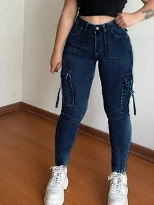 女式 Y2K 休闲紧身工装牛仔裤，秋季 - 深色水洗藍 - 查看 6