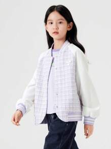 Balabala Farbblockjacke für Mädchen, Modestil Herbst 2024, Baseballstil - Violett - Übersicht 2