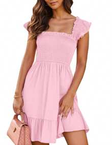 Sweet Style Shirred A-Line Dress, Solid Color Slip Mini Dress, Woman's Clothing Daily Wear - 粉色 - 查看 6