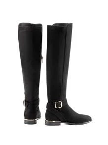 Women 2024 New Knee-High Boots With Metal Buckle Decor Side Zipper Closure, Versatile High Shaft Riding Boots With Round Toe And Chunky Heel For Autumn/Winter - 黑色絨面革 - 查看 5