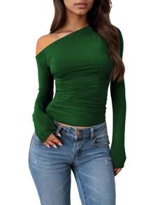 Women's Autumn/Winter Solid Color Asymmetric Neckline Sexy Oblique Drop-Shoulder Top, Pleated Short T-Shirt, Long Sleeve Slim Fit, Perfect For Hot Date - màu xanh lá - Xem 1