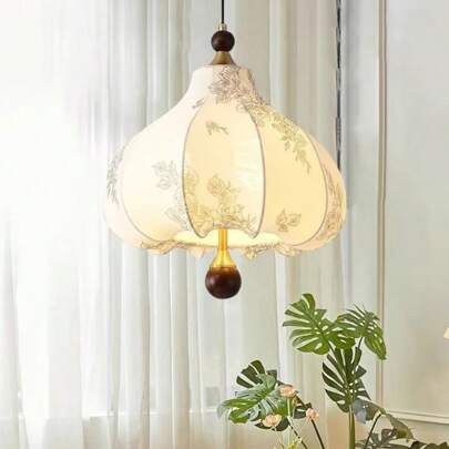 Wood Color Retro Fabric Pendant Light, Vintage Wooden Chandelier For Dining Room, Bedroom, Study, Dressing Room