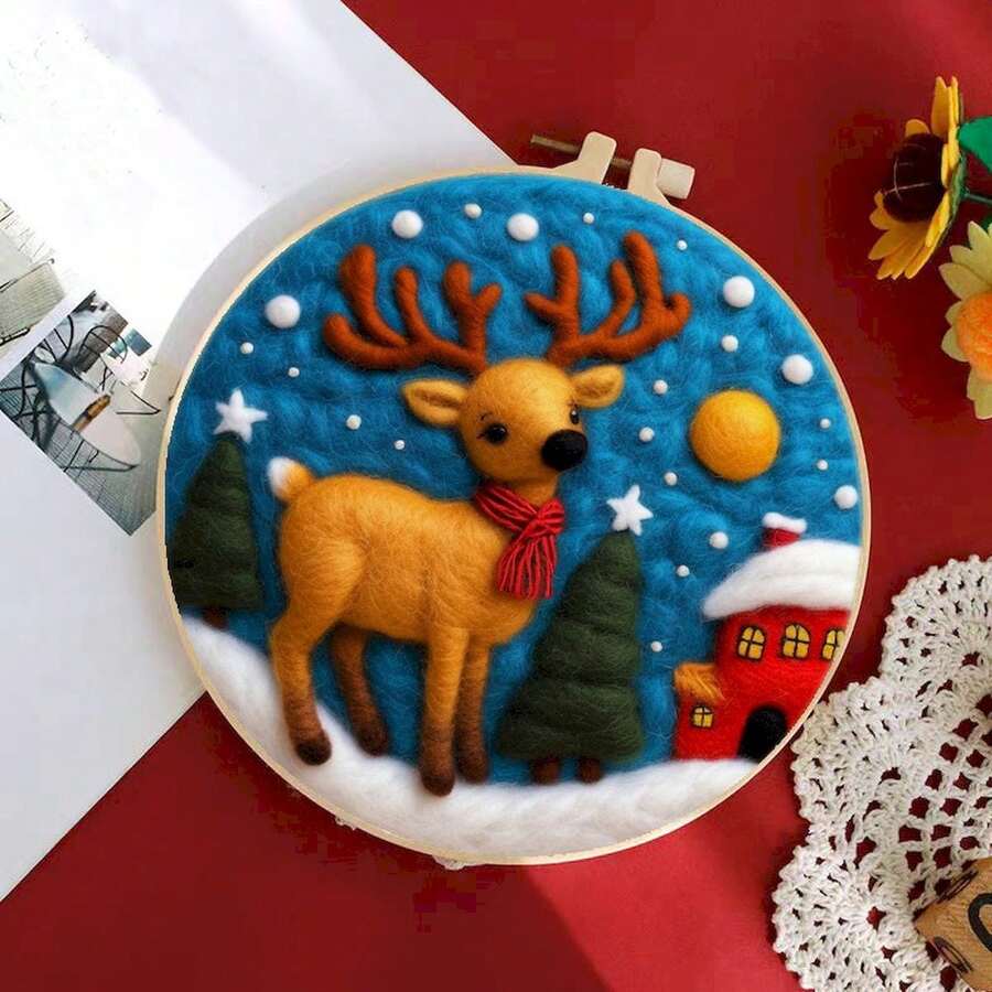 Bộ dụng cụ nỉ kim kèm dụng cụ – Bộ đồ thủ công nỉ len hoàn chỉnh dành cho người mới bắt đầu – Thiết kế tuần lộc trang trí thủ công DIY – Bao gồm khung thêu, kim nỉ, miếng xốp, vải và hướng dẫn – Quà tặng sáng tạo để trang trí nhà cửa – Chất liệu vải nhiều màu 20x20cm - Nhiều màu - Xem 1