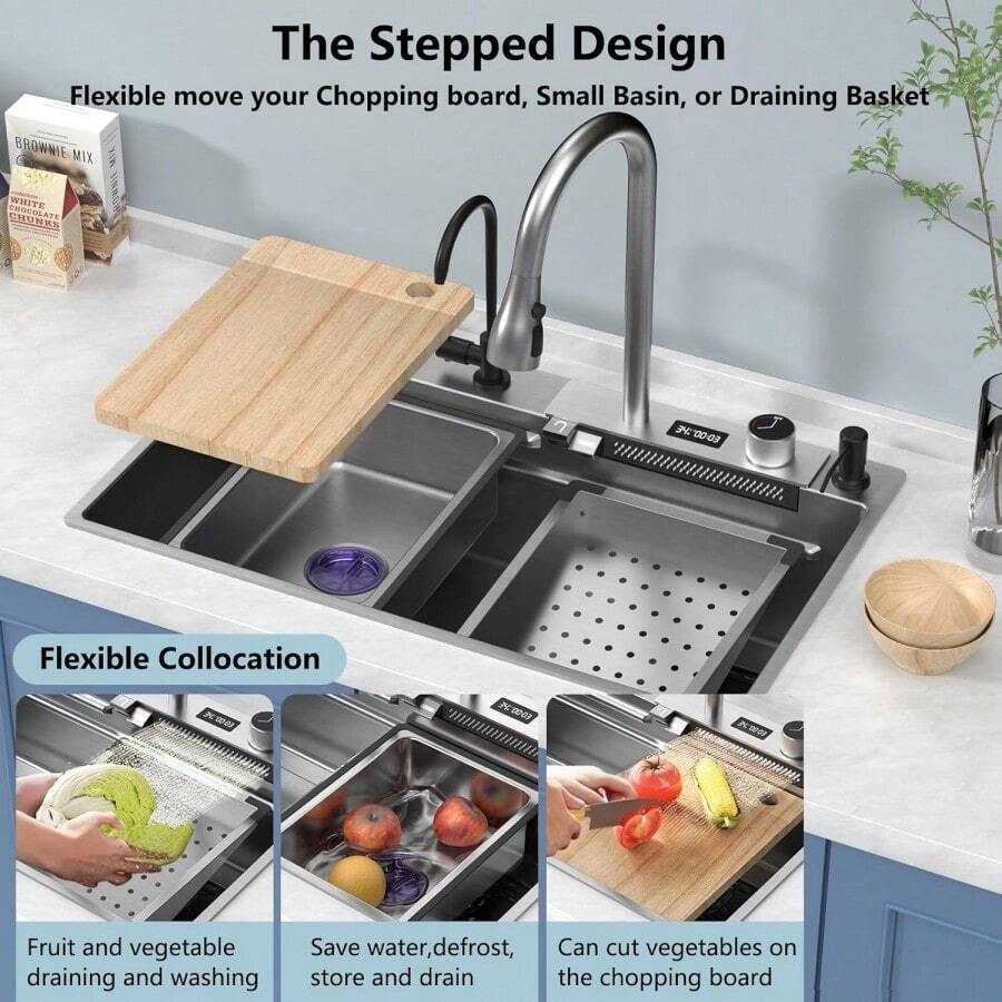 Waterfall Kitchen Sink Stainless Steel Workstation Sink Farmhouse Kitchen Sink With LED TEMP Display & Pull-Out Faucet Single Bowl Kitchen Sink Drop-In/Undermount/Topmount Sink Black - 31.5''*17.7'' - View 1