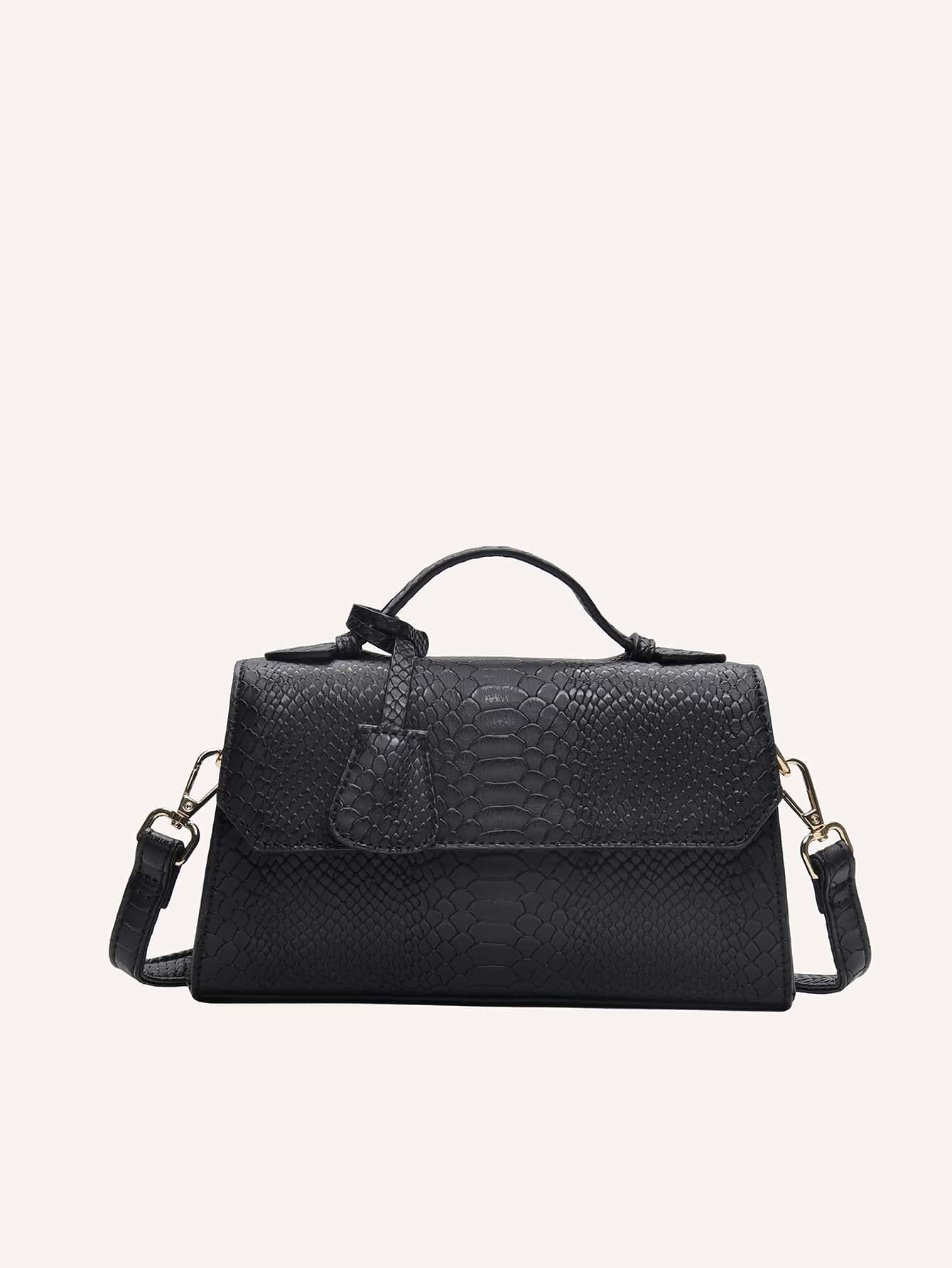 VANESSA MAY 1 件轻质纯色蛇纹翻盖小手提包，适合商务、通勤、日常使用、礼物 - 黑色 - 查看 1