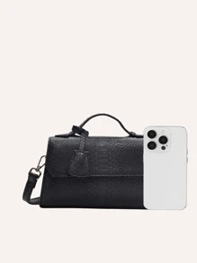 VANESSA MAY 1 件轻质纯色蛇纹翻盖小手提包，适合商务、通勤、日常使用、礼物 - 黑色 - 查看 7