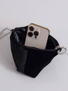 Bolsa de Mão Pequena para a Noite, Veludo Preto, Tachas, Clutch, Forma Assimétrica, Porta-moedas de Batom, Bolsa Pequena da Moda