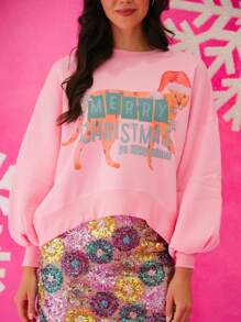 Women's Christmas Loose Pullover Sparkly Rhinestone Letter Print Long Sleeve Crew Neck Sweatshirt