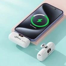 Winsway 5000mAh Mini Portable Charger With Built-In Cable, Compact Power Bank With LCD Display And LED Lights, Compatible With IPhone/ Android, Emergency Power Supply, Pocket Lipstick Size Power Bank - White - View 2