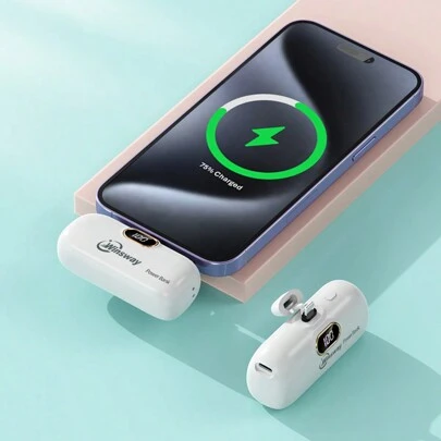  Winsway 5000mAh Mini Portable Charger With Built-In Cable, Compact Power Bank With LCD Display And LED Lights, Compatible With IPhone/ Android, Emergency Power Supply, Pocket Lipstick Size Power Bank