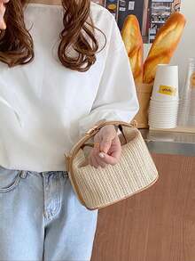 Mini Minimalist Straw Bag Top Handle Zipper - Multicolor - View 6
