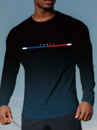 男士巴黎风格渐变长袖 T 恤 - 百搭舒适，适合春秋季户外运动休闲装