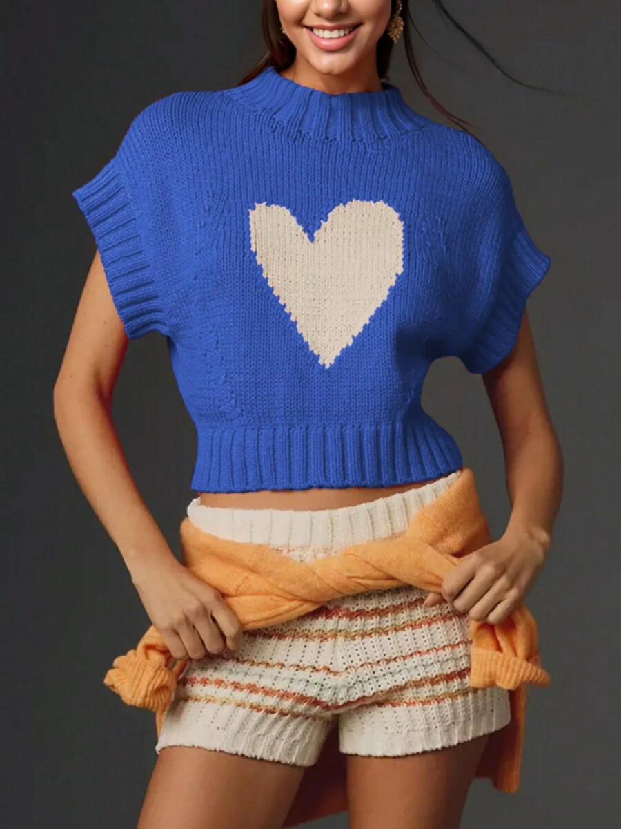 Womens Short Sleeve Sweater Heart Mock Neck Crop Knitted Tops Casual Streetwear For Daily Office Party - 藍色 - 查看 1
