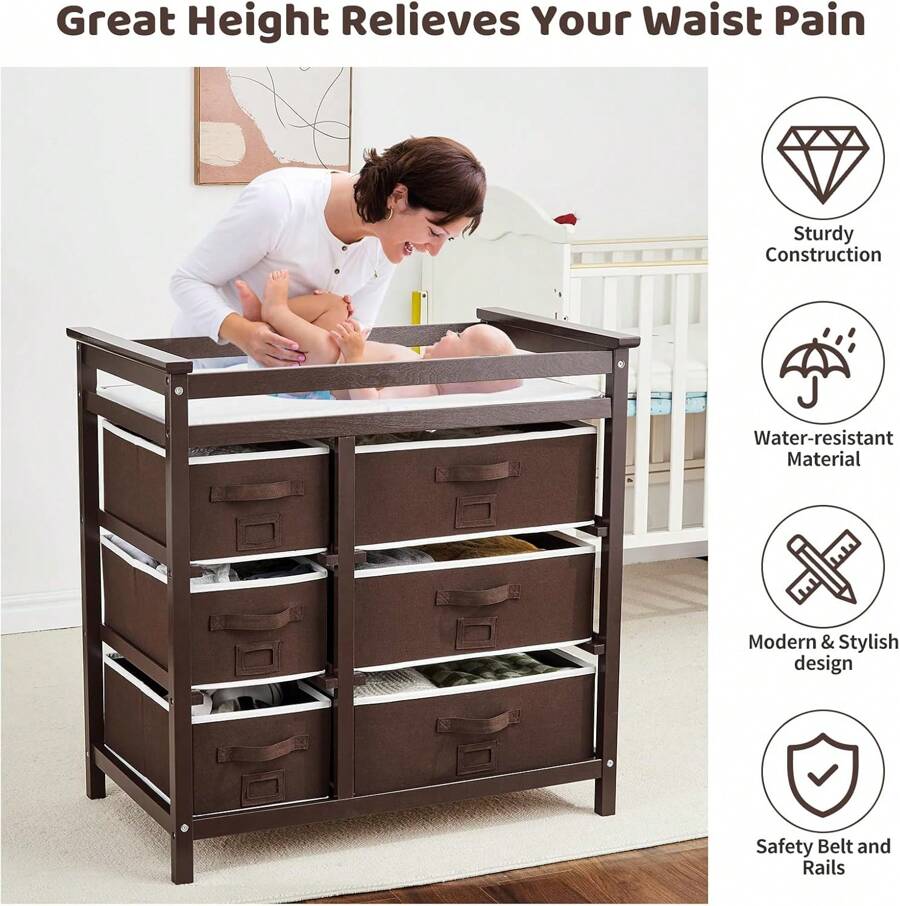 Wooden Diaper Changing Table, Modern Baby Changing Station Dresser With