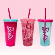 Miniso Barbie Sunlight Shimmer Series Straw Plastic Cup Set (4 Pcs/520mL/17.65 Oz), Plastic With Glittering Design, Leak-Proof Lid & Reusable Straw, Ideal For Picnics, Pool Parties & Daily Beverages(1 PC) - Multicolor - View 3