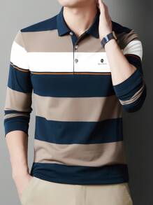 Polo de hombre con bloques de color y rayas, tela ligera para primavera/otoño - Azul Marino - Ver 2