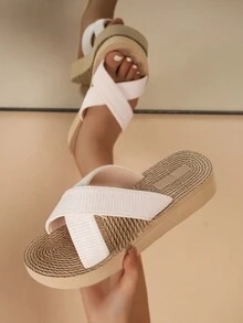 Giày sandal đế xuồng cho nữ, giày sandal gót thấp, giày sandal màu be, giày hở mũi thông thường, giày đi biển đa năng, trang phục hàng ngày - Màu be - Xem 2