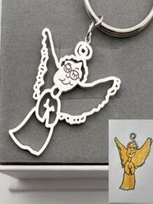 1pc Kid's Hand Drawing Pattern Personalized Photo Keychain, 18K Gold-Plated Stainless Steel Jewelry Anniversary Gift For Mom Grandma, Cartoon Animal/Geometric Design - Multicolor - View 5