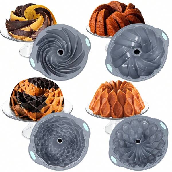 Confezione da 4 stampi per torta scanalati in silicone, stampo per tubo da 6 tazze, stampi in silicone per torte fatte in casa, pane e gelatina, senza BPA, grigio