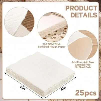 25 张水彩纸，300 GSM 毛边纸 4 X 6 英寸粗糙/纹理手工纸白色纹理纸适用于水彩画、婚礼请柬、卡片、工艺品