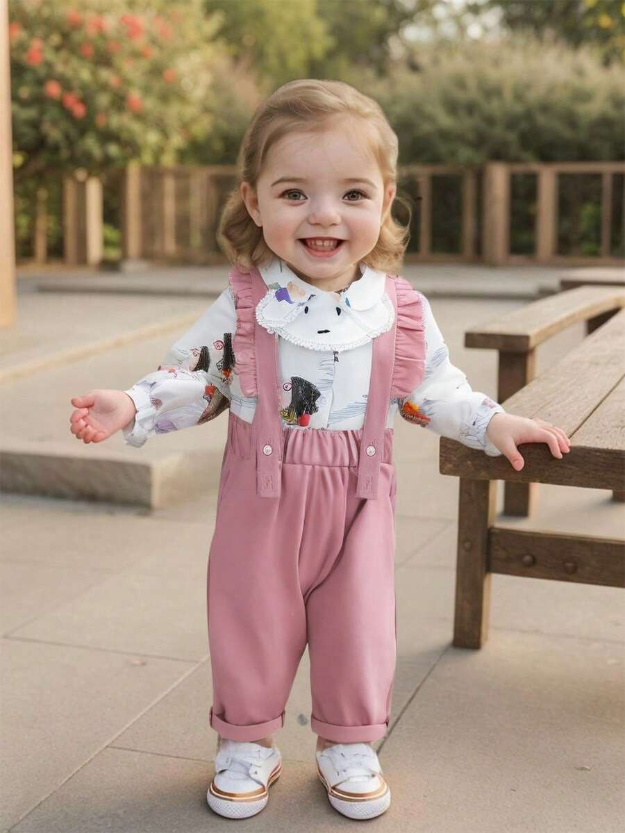 2 件套女婴卡通人物衬衫和工装裤套装，秋冬 - 彩色 - 查看 1