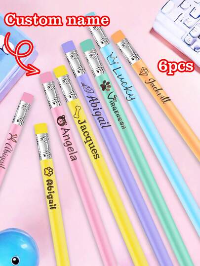 6/12/30/60/120/240 piezas Lápices con nombre/texto grabado personalizado, lápices personalizados, lápices con nombre personalizado, bolígrafo personalizado, lápices borrables personalizados para niños, lápices de dibujo con gomas de borrar, regalos de cumpleaños para estudiantes, lápices de color rosa, azul, regalos de Navidad, regalos de Año Nuevo, regalos para estudiantes, artículos escolares esenciales de vuelta al colegio reutilizables, multicolor y de uso múltiple, contratados