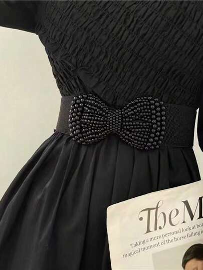 1 pieza Cinturón de mujer elegante con cintura elástica, versátil y elegante, con gran lazo de perlas falsas como accesorio, de unicolor, elegante y casual de poliéster para mujer, de temporada, con lazo elegante y fashionable, cinturón casual y elegante de poliéster para mujer, de temporada, regalo para cumpleaños, Halloween, San Valentín, verano, escuela, otoño, Halloween