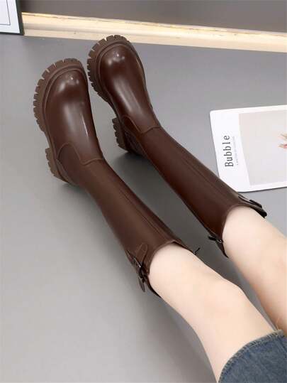 Plus Size 43 Women's Black Knee High Boots, Thick Sole Slim Fit Tall Boots With Buckle Strap, Autumn/Winter New Arrivals