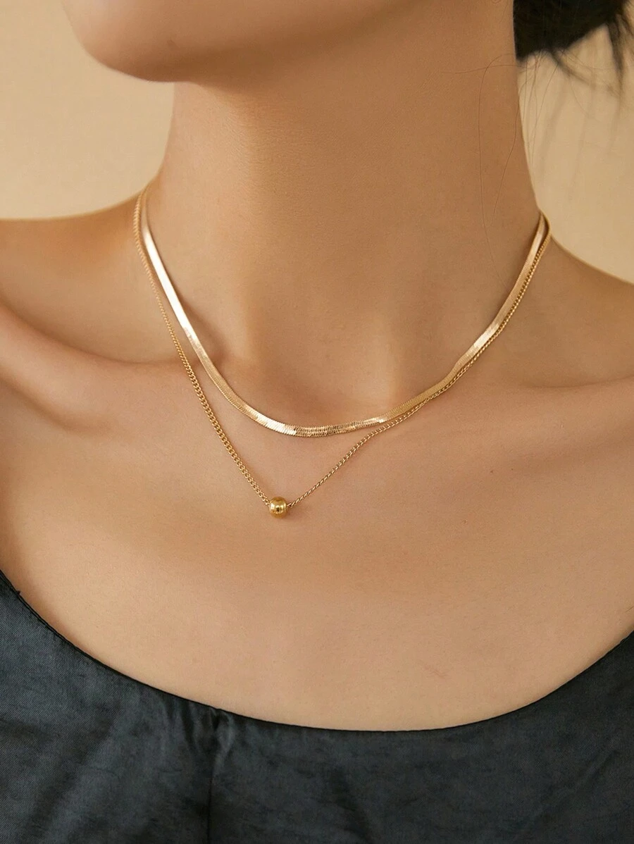 2 件/套女士多层金铜珠项链，轻质奢华扁平链条颈链项链配饰 - 金黃色 - 查看 1