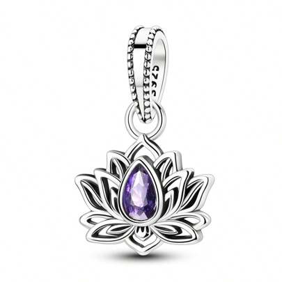 Colgante de flor de loto de plata de ley 925 con zirconia artificial morada, adecuado para pulsera, collar, yoga, piedra de sanación del chakra, barra de collar, regalo de pareja para fiestas, aniversario y vacaciones.