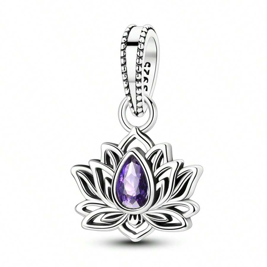 925 Sterling Silver Elegant Purple Artificial Zirconia Lotus Charm Pendant Fit Bracelet Necklace Yoga Chakra Healing Stone Bar Necklace Female Balance Banquet Fine Jewelry Couples Holiday Party Anniversary Gift