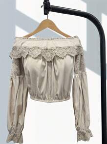 A Niche Design Top With Off Shoulder Lantern Sleeves And Smoked Retro Shirt - 杏色 - 查看 2