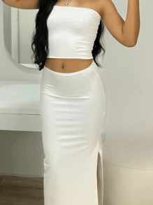 Foreign Set With Long Skirt And Strapless Crop Top - White - View 1