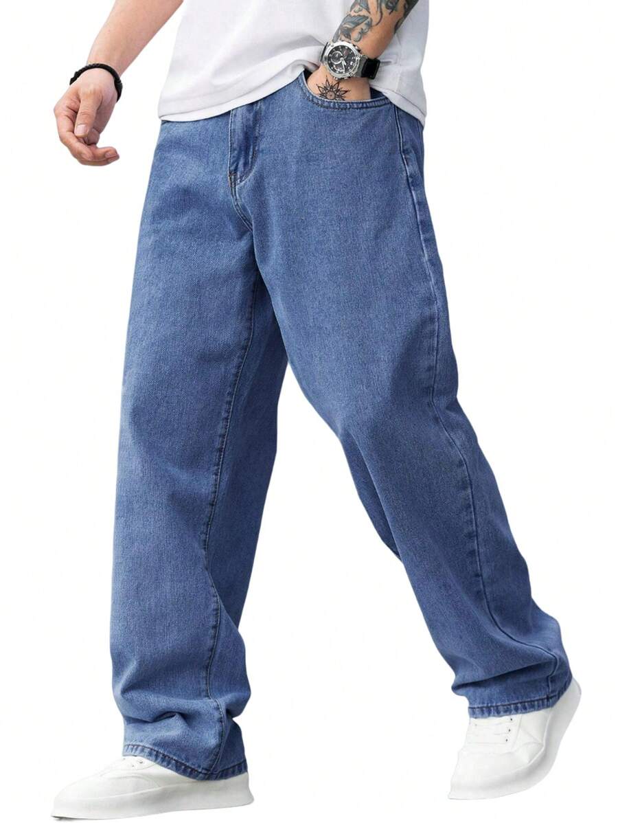 Men's Baggy Jeans, 100% Cotton, Premium Fabric, Straight Cut, Dazzling Wide Leg - 深色水洗藍 - 查看 1