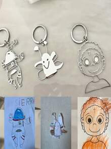 1pc Kid's Hand Drawing Pattern Personalized Photo Keychain, 18K Gold-Plated Stainless Steel Jewelry Anniversary Gift For Mom Grandma, Cartoon Animal/Geometric Design - Multicolor - View 8