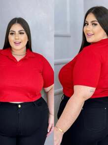 Plus Size Ribbed Polo Neck Crop Top - Red - View 2