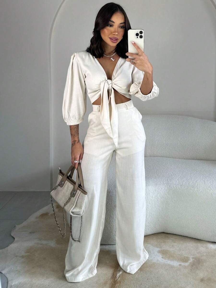 Top And Pants Set In Viscolinho - Beis - Ver 1