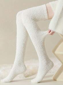 BABONA 1 Pair Thickened Soft Coral Fleece Over-The-Knee Socks - Solid Color, Breathable For Indoor & Outdoor Use (Black)(White)(Coffee)