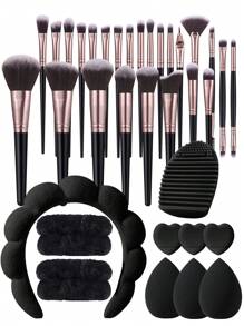 35/7件套专业化妆刷套装，包含25支化妆刷（粉底刷、散粉刷、腮红刷、高光刷、眼影刷、睫毛刷、眼线刷、轮廓刷）、3个化妆海绵、3个化妆粉扑、1个刷子清洁蛋、1个发带、2个腕带。套装包含：化妆刷套装、化妆刷套装、化妆刷套装、全套化妆刷、化妆刷套装、全套化妆工具、化妆刷套装、化妆刷礼盒套装。 - 黑色 - 查看 13