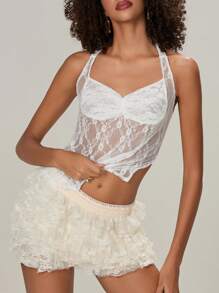 Women Fashion Tank Tops Lace Tie-Up Halter Neck Sleeveless Vests Summer Casual Slim Fit T-Shirts Streetwear - White - View 5