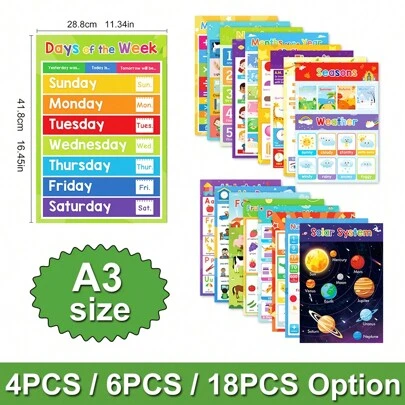 Lachilly 蒙特梭利学前教育海报图表套装，适用于幼儿、学龄前儿童、幼儿园、游戏室装饰、日托中心墙面装饰、家庭学校教室用品 - ESL教学数字、字母、颜色、日期等等，早教玩具，自闭症儿童早期学习材料，学习工具，活动闪卡，大卡片，教学辅助用品