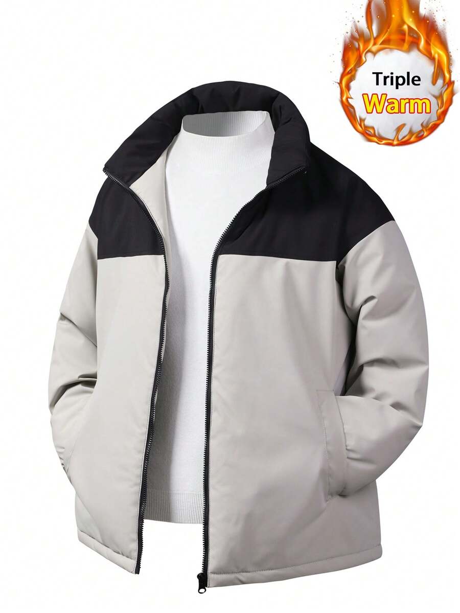 男士夹棉大衣，冬季加厚保暖立领大衣 - 灰色 - 查看 1