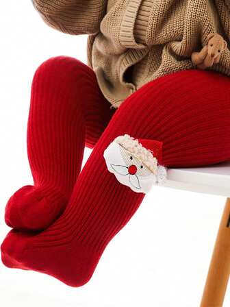 儿童卡通圣诞紧身裤柔软圣诞老人女宝宝红色连裤袜打底裤小孩婴幼儿新年礼物紧身裤0-6岁