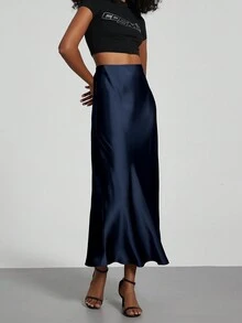 Se-Helo Fashion Women's Elastic Satin Finish Maxi Skirt - Navy Blue