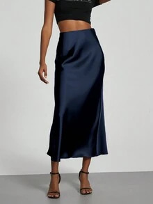 Se-Helo Fashion Women's Elastic Satin Finish Maxi Skirt - Navy Blue