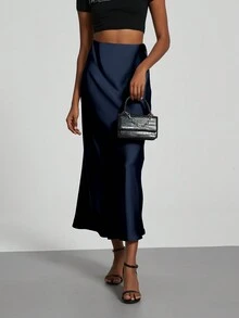 Se-Helo Fashion Women's Elastic Satin Finish Maxi Skirt - Navy Blue