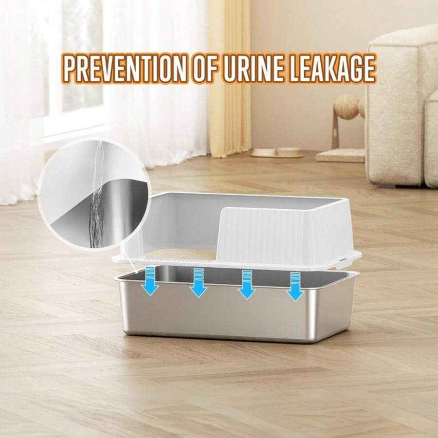 Extra Large Stainless Steel Cat Litter Box With Lid, High Sided Metal
